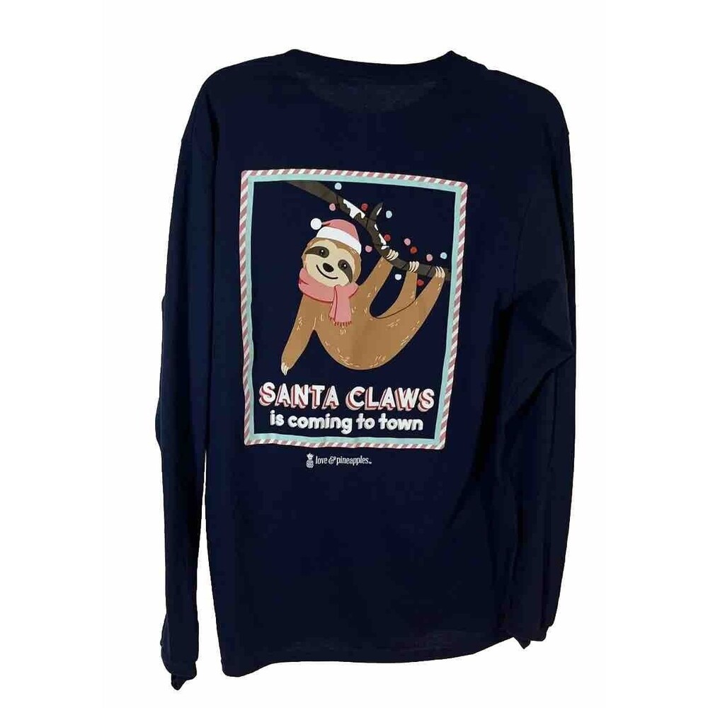 Love & Pineapples Navy Blue Women’s Santa Claus Sloth Graphic T-Shirt Size M